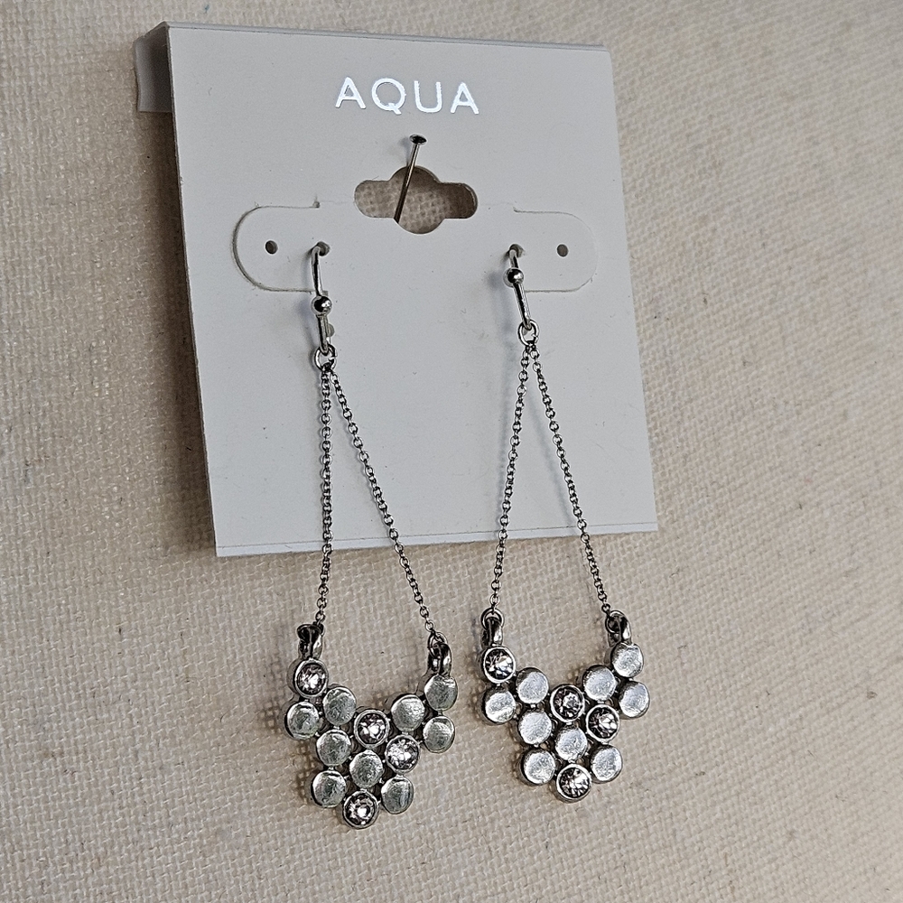 NWT AQUA Rhinestone Cluster Circles Dangle Chain Earrings Silver-tone